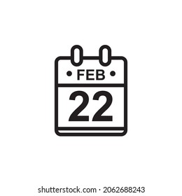 New outline vector illustration of flat calendar icon in black and white color. Simple calendar with February 22