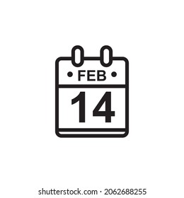 New outline vector illustration of flat calendar icon in black and white color. Simple calendar with February 14