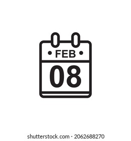 Nueva ilustración de vector de contorno del icono de calendario plano en color blanco y negro. Calendario simple con 8 de febrero