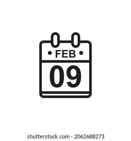 New outline vector illustration of flat calendar icon in black and white color. Simple calendar with February 9