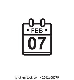 New outline vector illustration of flat calendar icon in black and white color. Simple calendar with February 7