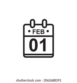 New outline vector illustration of flat calendar icon in black and white color. Simple calendar with February 1