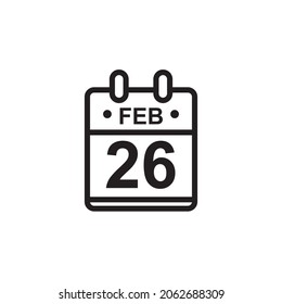 New outline vector illustration of flat calendar icon in black and white color. Simple calendar with February 26