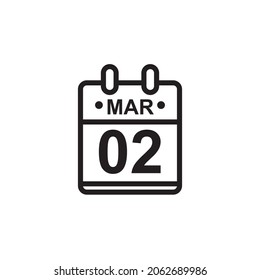 New outline vector illustration of flat calendar icon in black and white color. Simple calendar with March 2