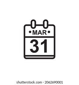 Nueva ilustración de vector de contorno del icono de calendario plano en color blanco y negro. Calendario simple con 31 de marzo