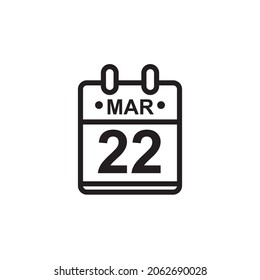 New outline vector illustration of flat calendar icon in black and white color. Simple calendar with March 22