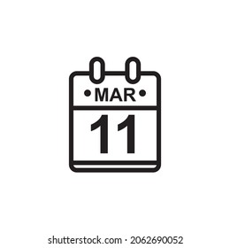 Nueva ilustración de vector de contorno del icono de calendario plano en color blanco y negro. Calendario simple con 11 de marzo