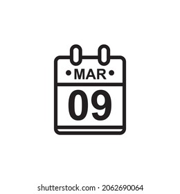 Nueva ilustración de vector de contorno del icono de calendario plano en color blanco y negro. Calendario simple con 9 de marzo