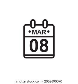 New outline vector illustration of flat calendar icon in black and white color. Simple calendar with March 8