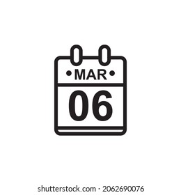 New outline vector illustration of flat calendar icon in black and white color. Simple calendar with March 6