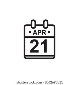 New outline vector illustration of flat calendar icon in black and white color. Simple calendar with April 21