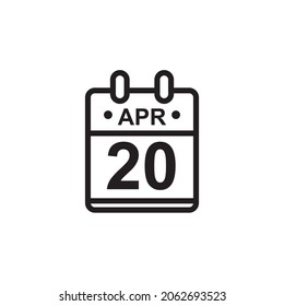 Nueva ilustración de vector de contorno del icono de calendario plano en color blanco y negro. Calendario simple con 20 de abril