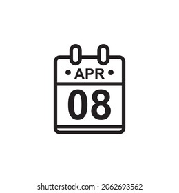 Nueva ilustración de vector de contorno del icono de calendario plano en color blanco y negro. Calendario simple el 8 de abril