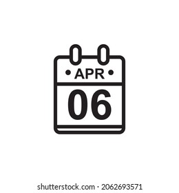 New outline vector illustration of flat calendar icon in black and white color. Simple calendar with April 6