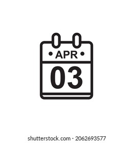 New outline vector illustration of flat calendar icon in black and white color. Simple calendar with April 3