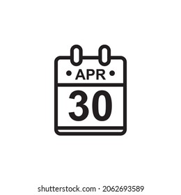 New outline vector illustration of flat calendar icon in black and white color. Simple calendar with April 30