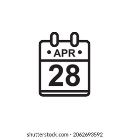New outline vector illustration of flat calendar icon in black and white color. Simple calendar with April 28