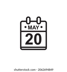 New outline vector illustration of flat calendar icon in black and white color. Simple calendar with May 20