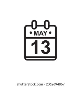 New outline vector illustration of flat calendar icon in black and white color. Simple calendar with May 13