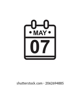 Nueva ilustración de vector de contorno del icono de calendario plano en color blanco y negro. Calendario simple con 7 de mayo