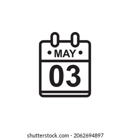 Nueva ilustración de vector de contorno del icono de calendario plano en color blanco y negro. Calendario simple con 3 de mayo
