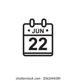 New outline vector illustration of flat calendar icon in black and white color. Simple calendar with June 22