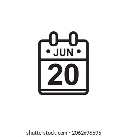 New Outline Vector Illustration Of Flat Calendar Icon In Black And White Color. Simple Calendar With June 20