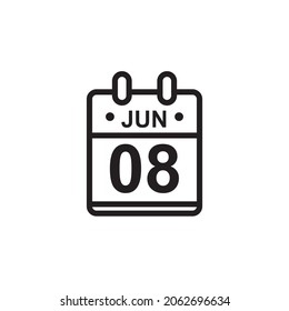 New Outline Vector Illustration Of Flat Calendar Icon In Black And White Color. Simple Calendar With June 8