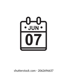 New Outline Vector Illustration Of Flat Calendar Icon In Black And White Color. Simple Calendar With June 7