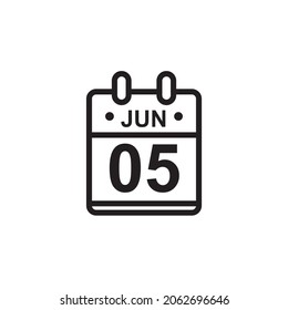 New Outline Vector Illustration Of Flat Calendar Icon In Black And White Color. Simple Calendar With June 5