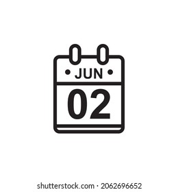 New Outline Vector Illustration Of Flat Calendar Icon In Black And White Color. Simple Calendar With June 2