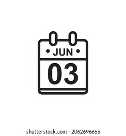 New Outline Vector Illustration Of Flat Calendar Icon In Black And White Color. Simple Calendar With June 3