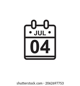 New outline vector illustration of flat calendar icon in black and white color. Simple calendar with July 4