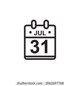 Nueva ilustración de vector de contorno del icono de calendario plano en color blanco y negro. Calendario simple con 31 de julio