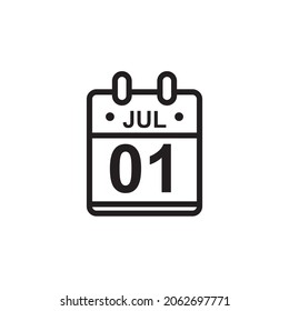 New outline vector illustration of flat calendar icon in black and white color. Simple calendar with July 1