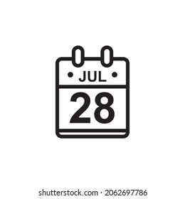 New outline vector illustration of flat calendar icon in black and white color. Simple calendar with July 28