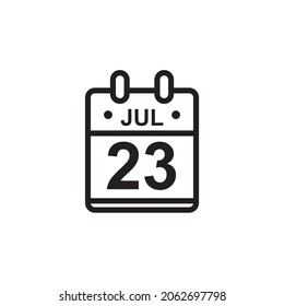 New outline vector illustration of flat calendar icon in black and white color. Simple calendar with July 23
