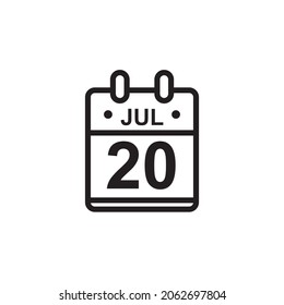 Nueva ilustración de vector de contorno del icono de calendario plano en color blanco y negro. Calendario simple con 20 de julio