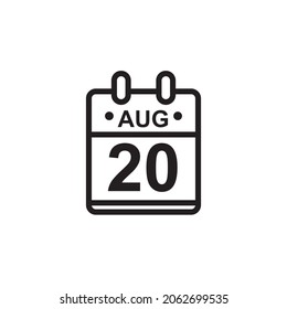 Nueva ilustración de vector de contorno del icono de calendario plano en color blanco y negro. Calendario simple con 20 de agosto