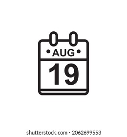 New outline vector illustration of flat calendar icon in black and white color. Simple calendar with August 19