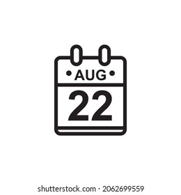 Nueva ilustración de vector de contorno del icono de calendario plano en color blanco y negro. Calendario simple con 22 de agosto