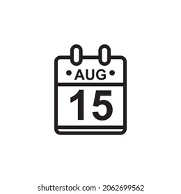 New outline vector illustration of flat calendar icon in black and white color. Simple calendar with August 15