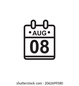 New outline vector illustration of flat calendar icon in black and white color. Simple calendar with August 8