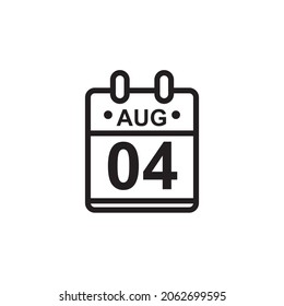Nueva ilustración de vector de contorno del icono de calendario plano en color blanco y negro. Calendario simple con 4 de agosto
