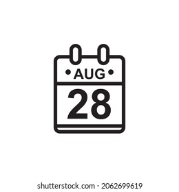 Nueva ilustración de vector de contorno del icono de calendario plano en color blanco y negro. Calendario simple con 28 de agosto