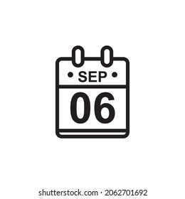 New outline vector illustration of flat calendar icon in black and white color. Simple calendar with September 6