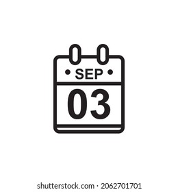 New outline vector illustration of flat calendar icon in black and white color. Simple calendar with September 3
