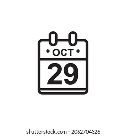 New outline vector illustration of flat calendar icon in black and white color. Simple calendar with October 29