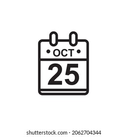 New outline vector illustration of flat calendar icon in black and white color. Simple calendar with October 25