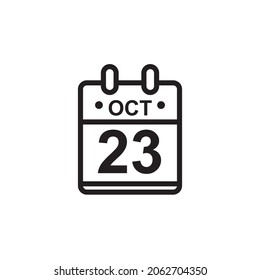 New outline vector illustration of flat calendar icon in black and white color. Simple calendar with October 23